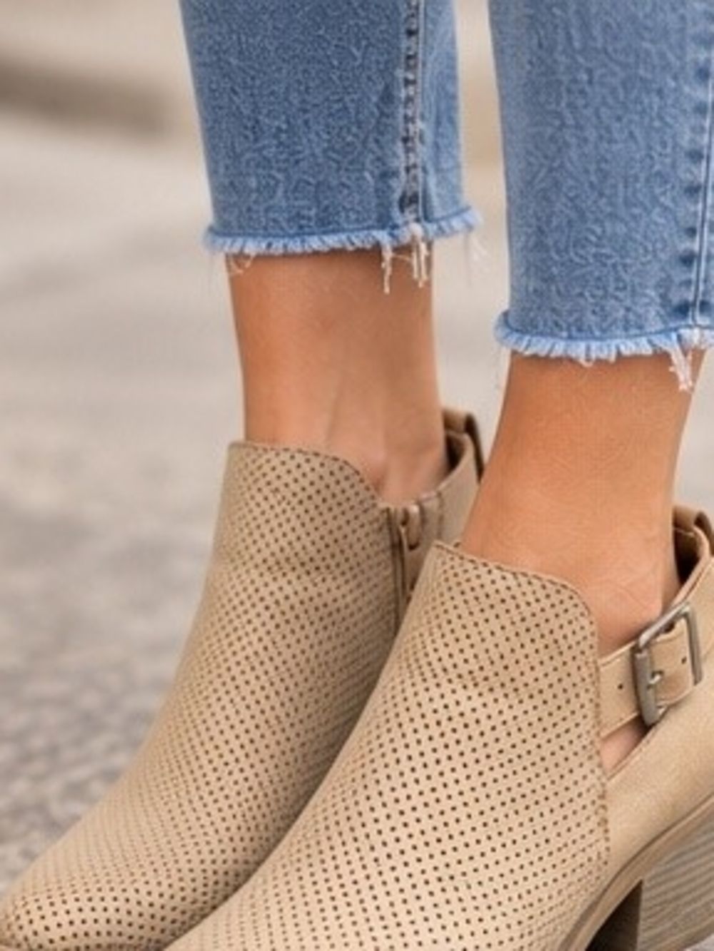 Soda Beige Perforated Ankle Booties with Buckle Accent